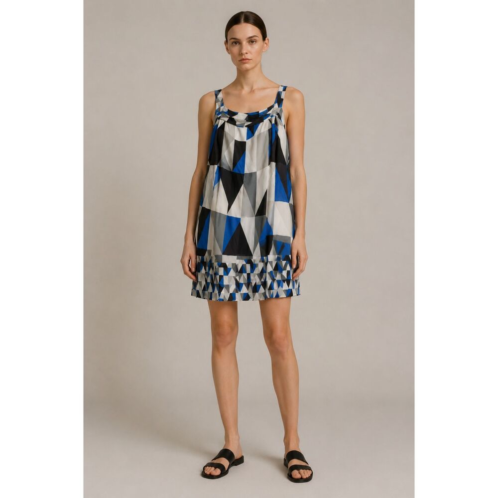 Theory 100% Silk Sleeveless Shift Dress Size 4 Blue Geometric Print Lined Mini